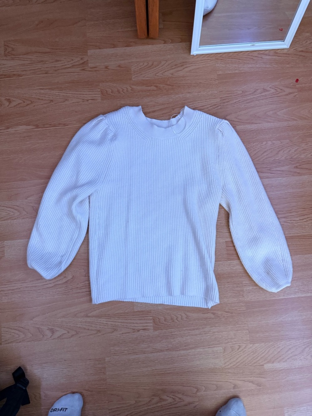 Cyrus Ivory Ribbed Crewneck Sweater with Puff Sleeves